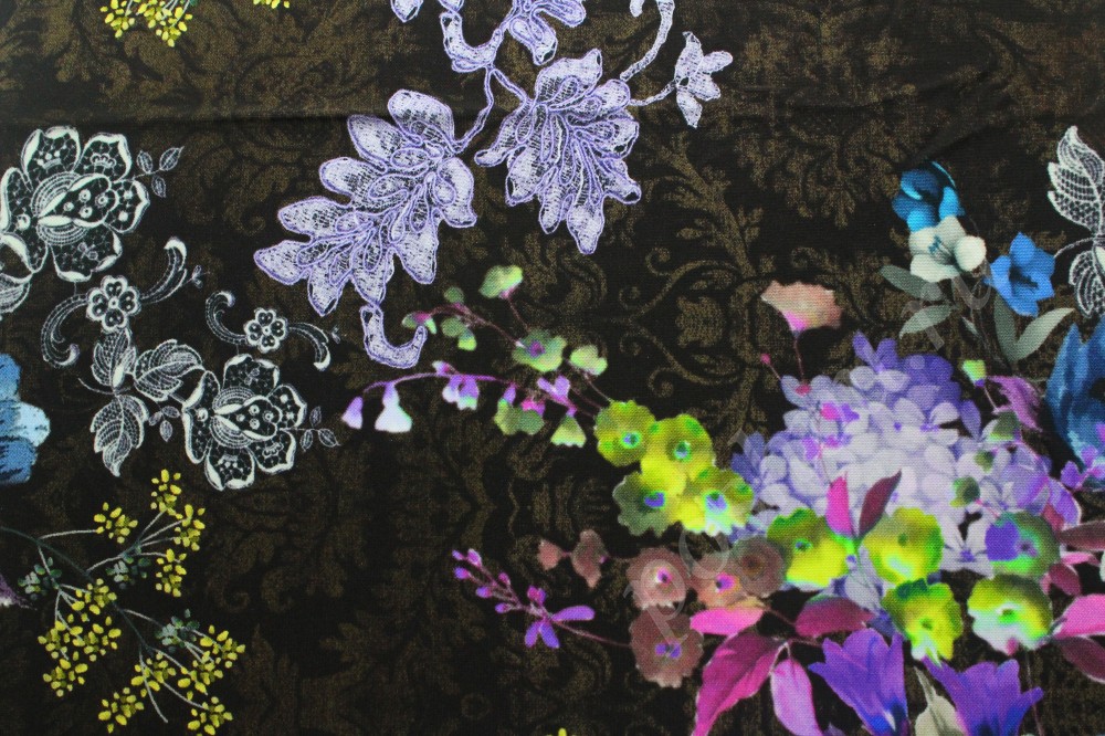 Ткань трикотаж-креп в темном оттенке с цветочным рисунком Dolce&Gabbana