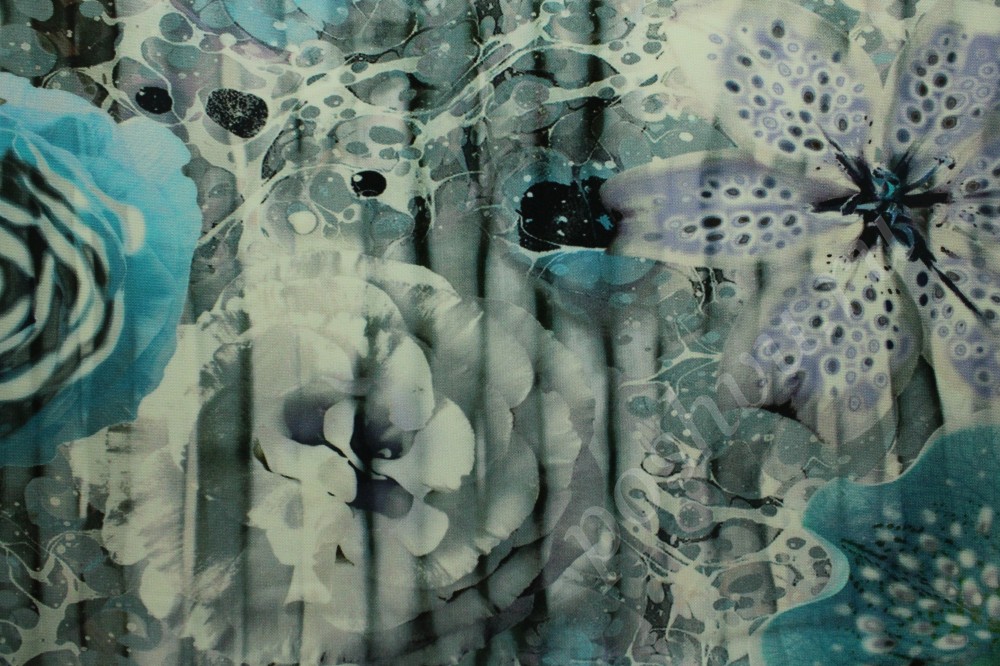 Ткань трикотаж-креп в серо-синий цветочный рисунок Blu Girl