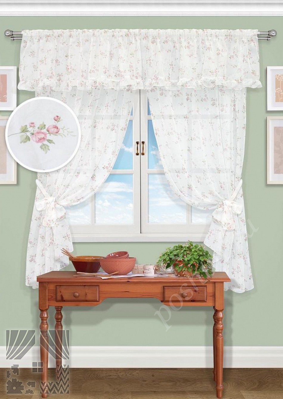 Нежный комплект штор для кухни белого цвета с флористическим рисунком и ламбрекеном в комплекте
