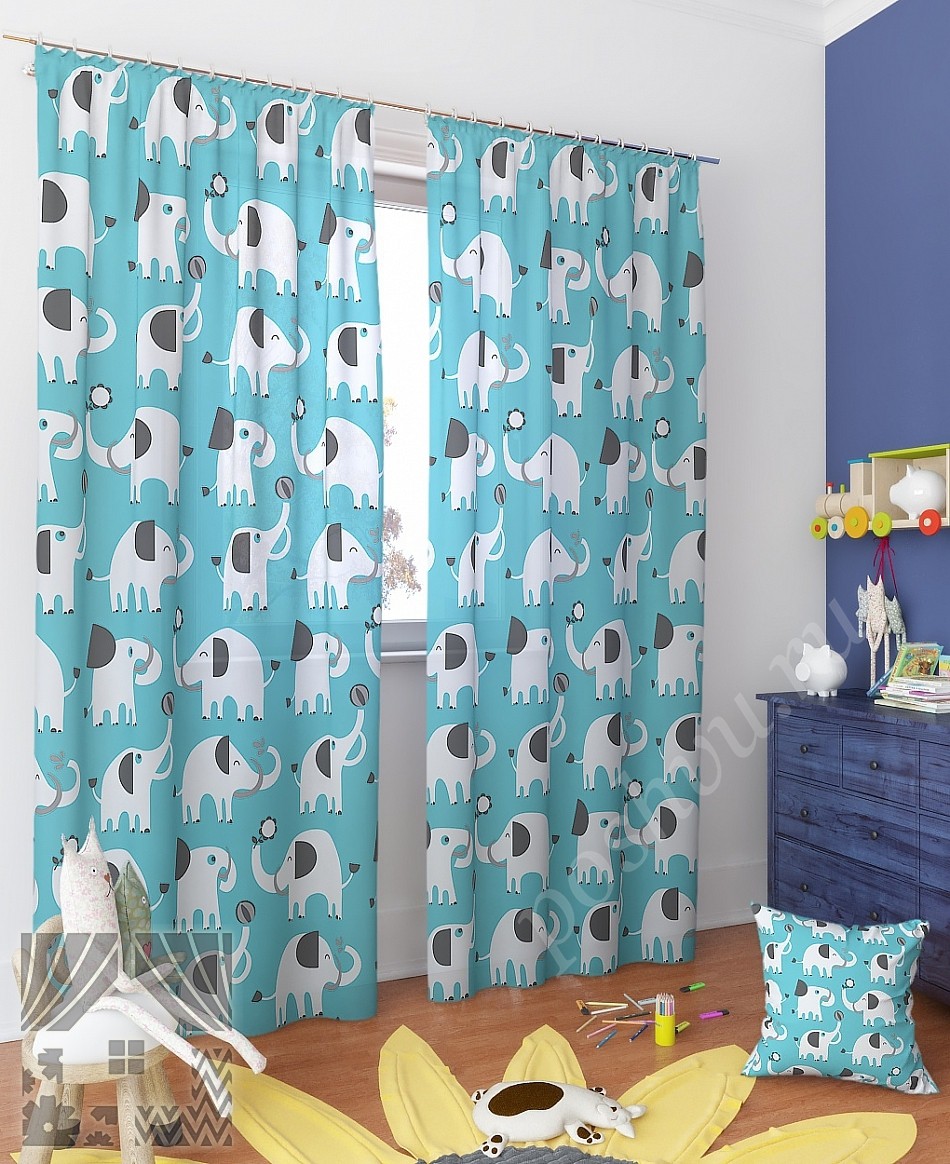 Забавный комплект бирюзовых штор с веселыми слониками для детской комнаты