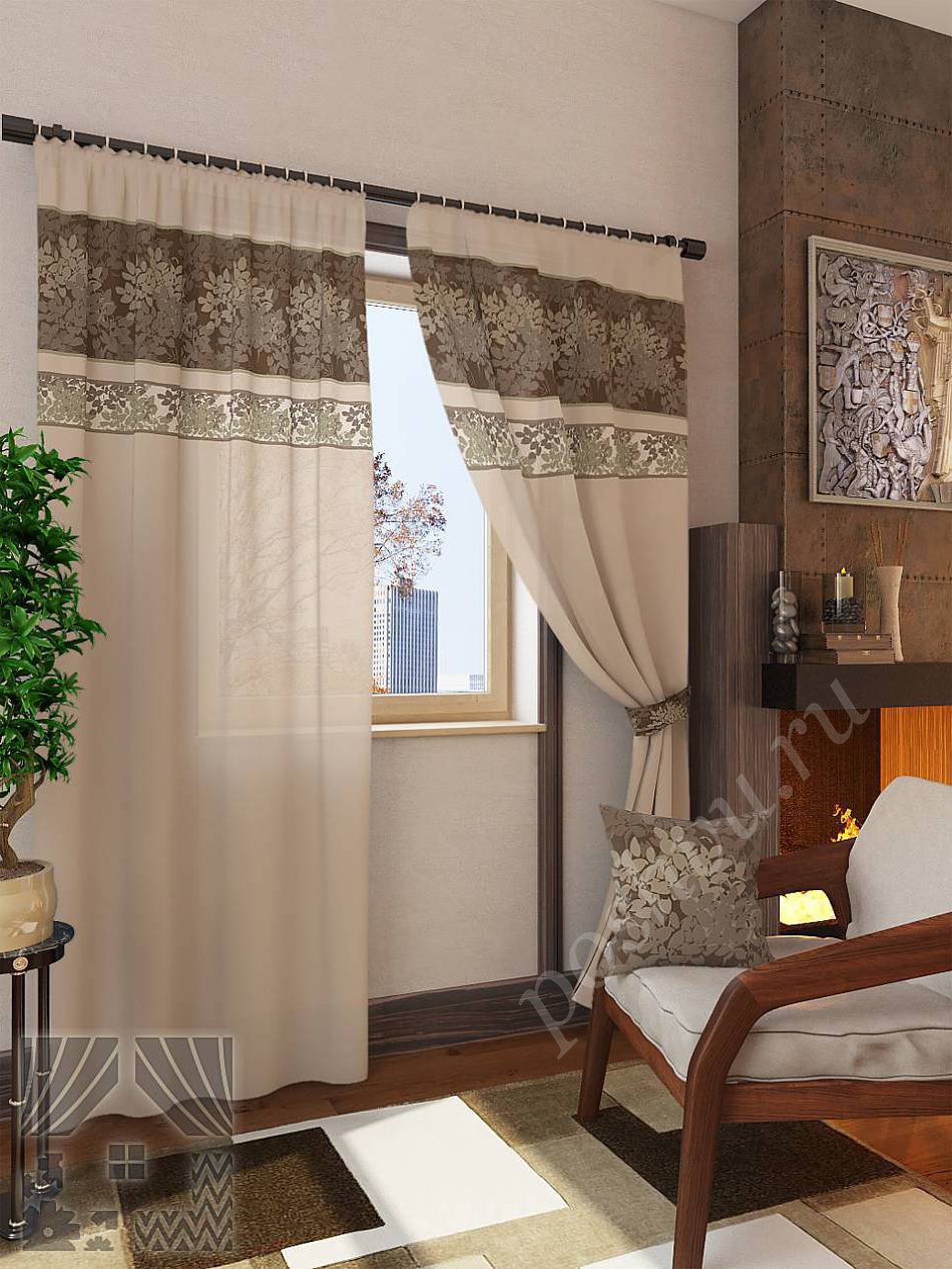 Лаконичный комплект готовых штор в теплых тонах для гостиной или кабинета