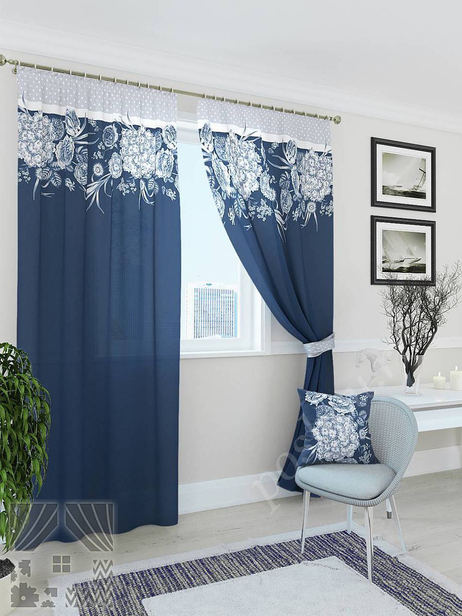 Шикарный комплект готовых штор в синем цвете с рисунком для гостиной