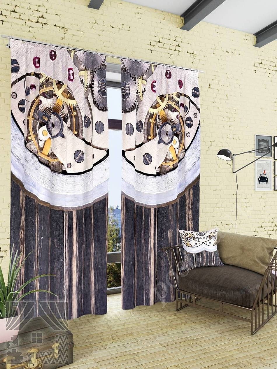 Комплект готовых фото штор с 3D изображением часового механизма для гостиной или офиса