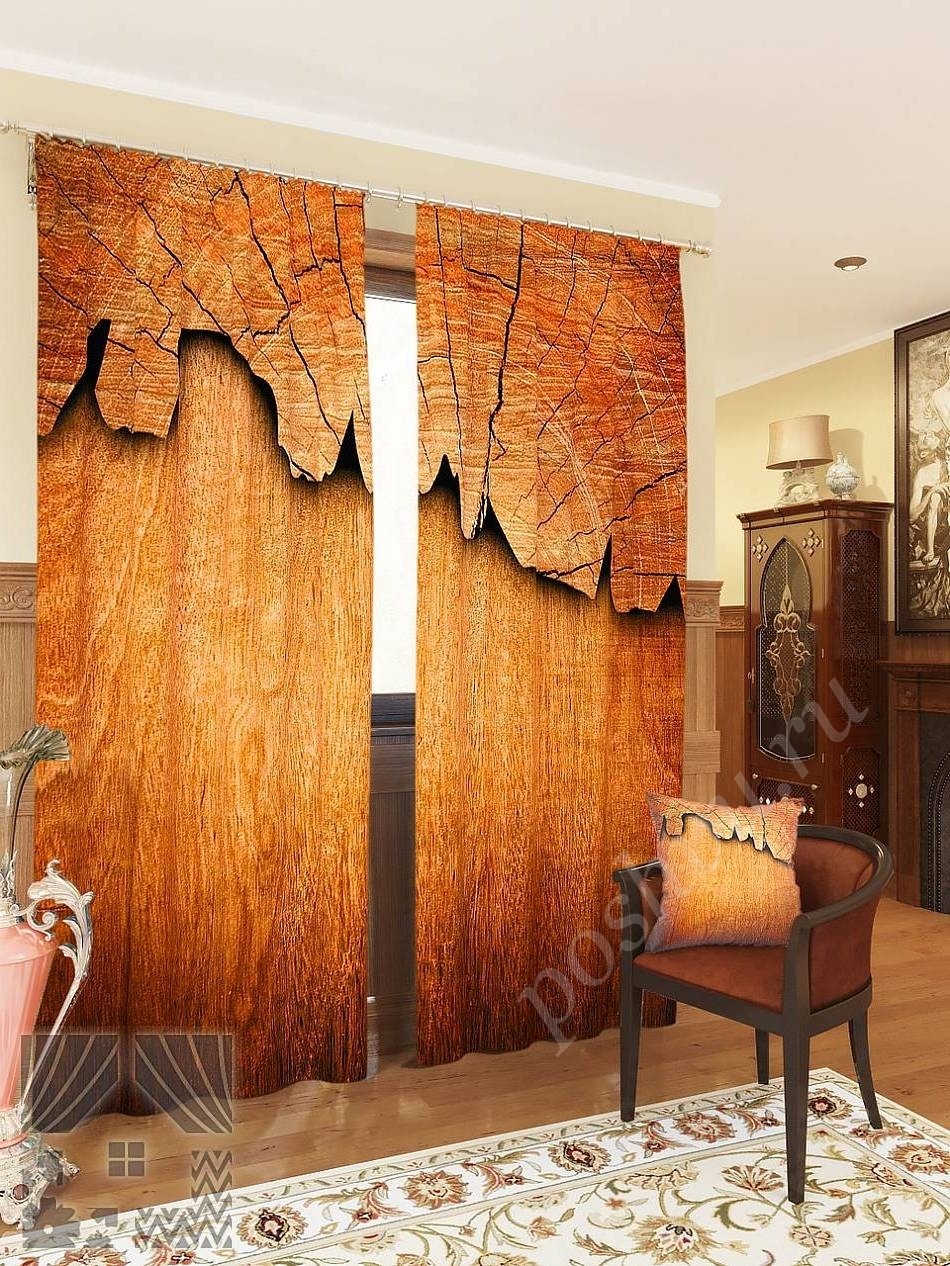 Комплект готовых фото штор с 3D изображением коры дерева для гостиной или офиса