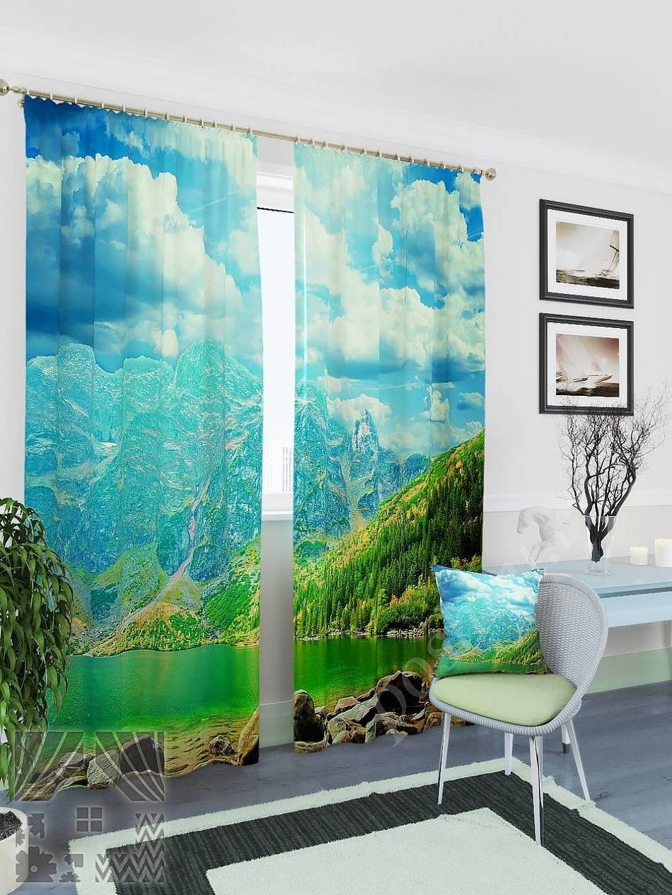 Комплект готовых фото штор с изображением горного пейзажа и озера для гостиной или спальни