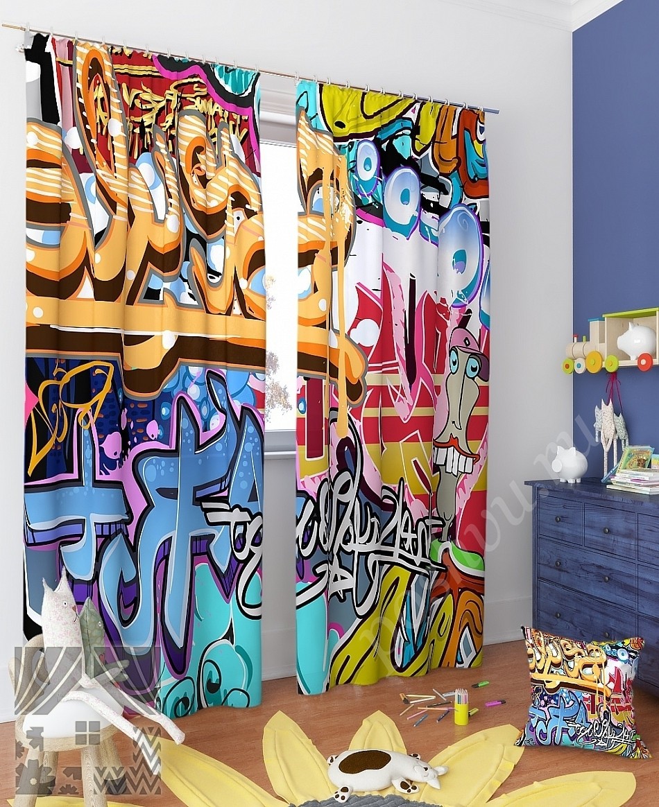 Комплект готовых фото штор с изображением граффити для детской комнаты