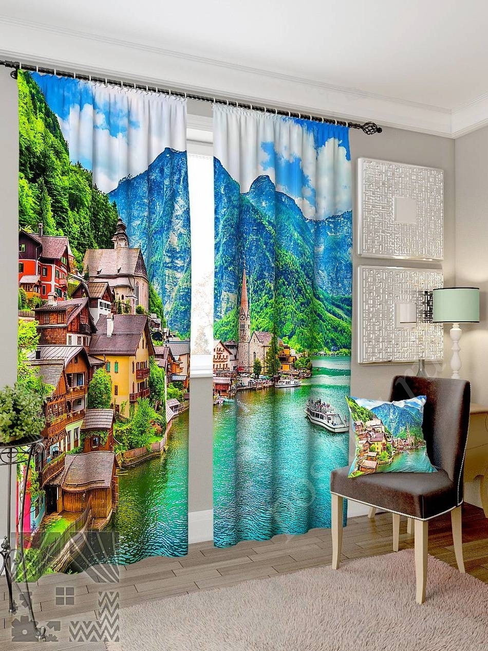 Комплект готовых фото штор с изображением австрийской деревни Гальштат для гостиной или спальни