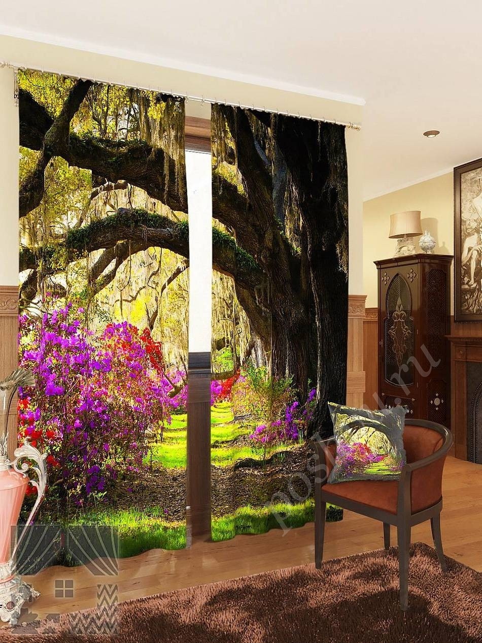 Комплект готовых фото штор с изображением цветущего парка для гостиной или спальни