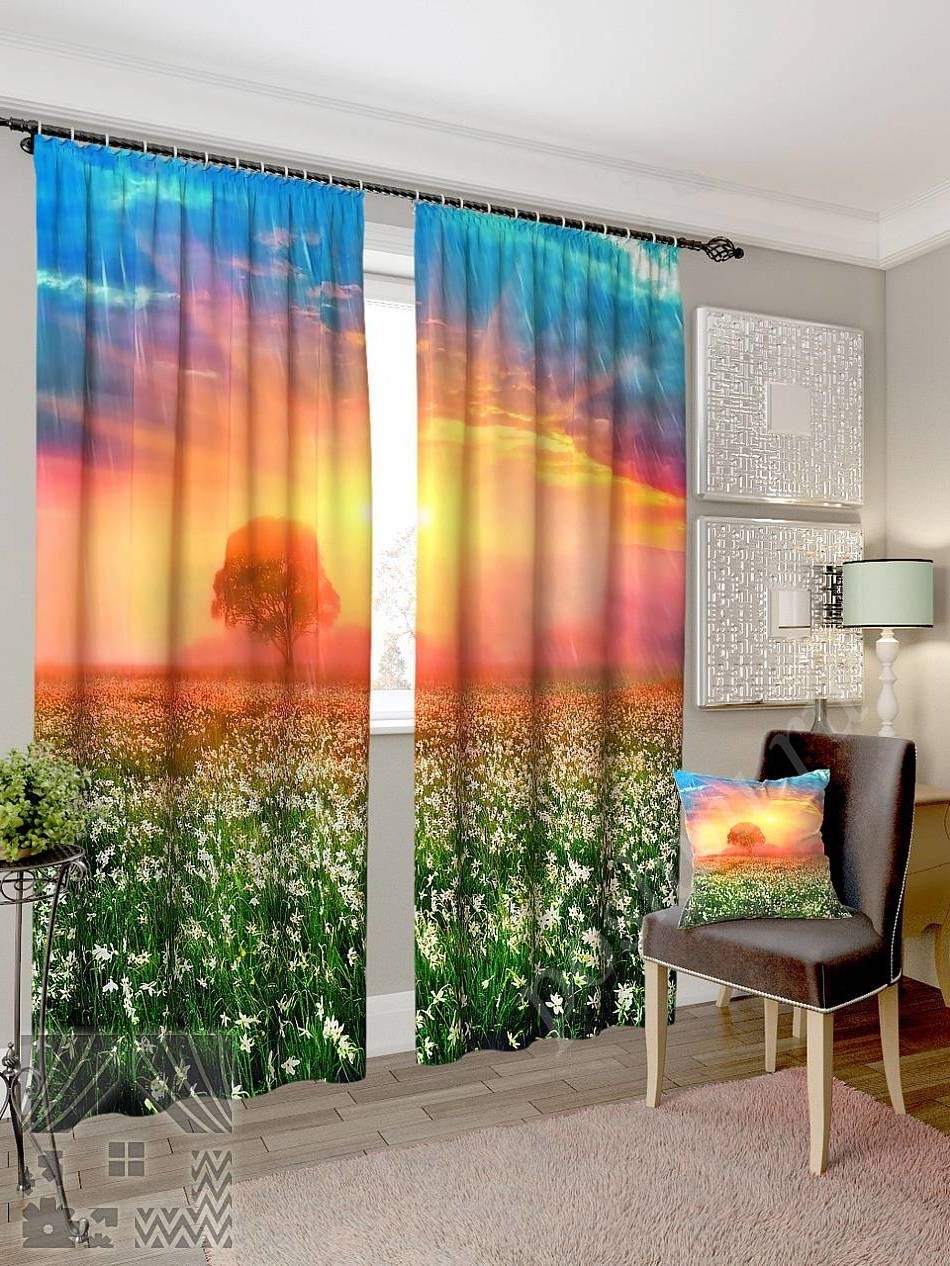Комплект готовых фото штор с изображением долины нарциссов для гостиной или спальни