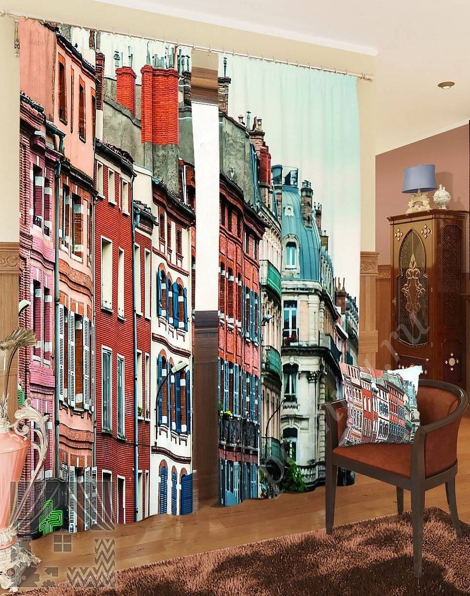 Комплект готовых фото штор с изображением домов в Лионе для гостиной или офиса