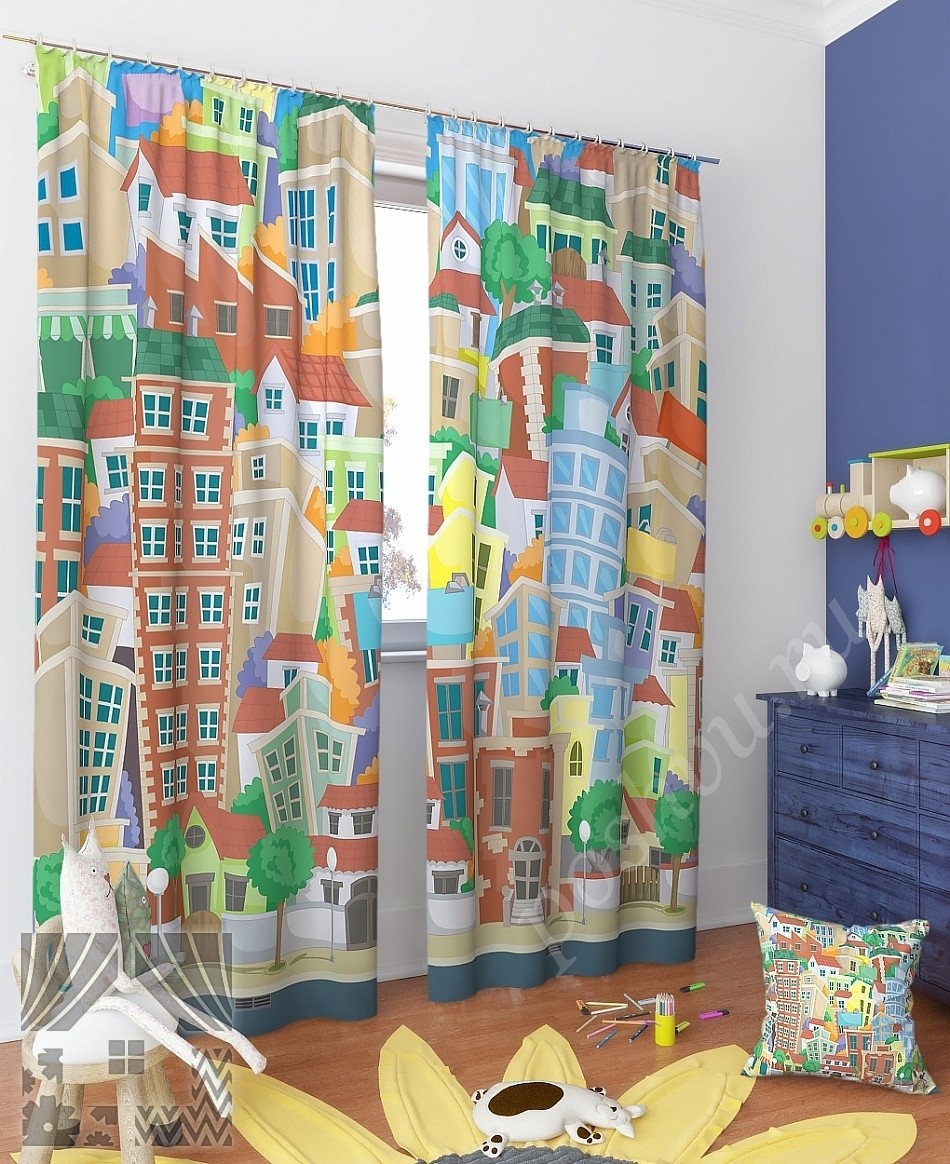 Комплект готовых фото штор с изображением города для детской комнаты
