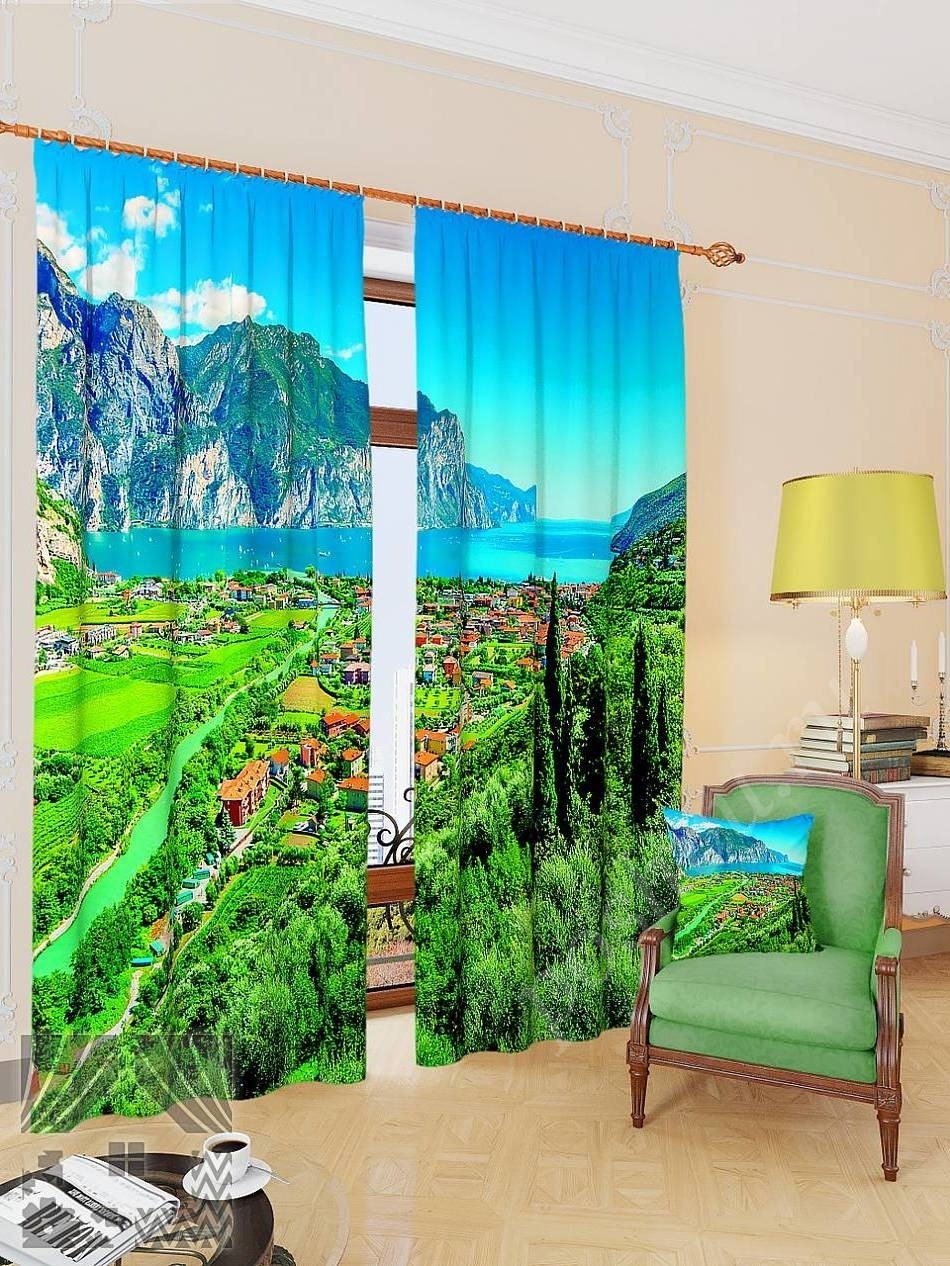 Комплект готовых фото штор с изображением итальянского озера Гарда для гостиной или спальни