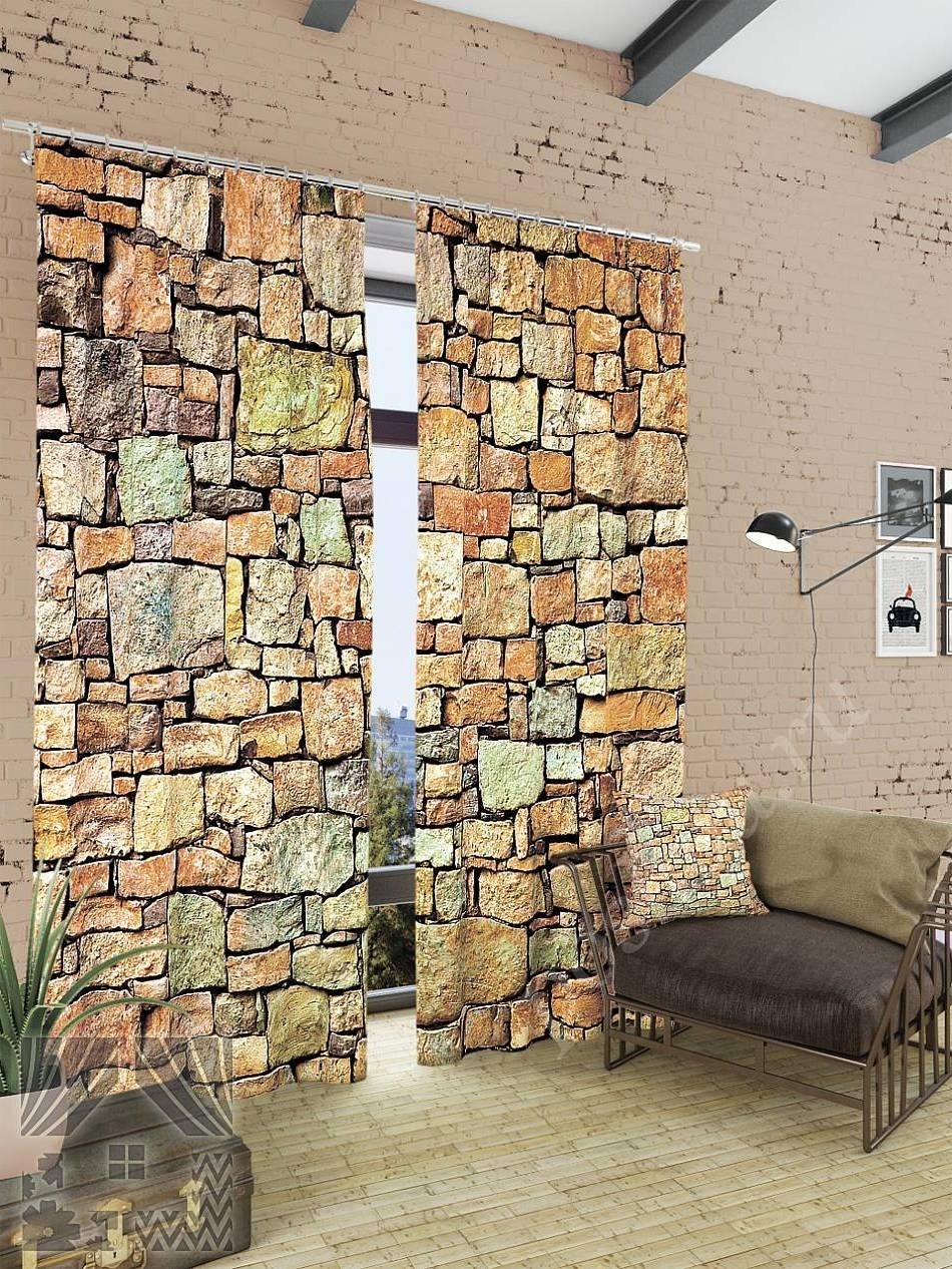Комплект готовых фото штор с изображением каменной кладки для гостиной или офиса