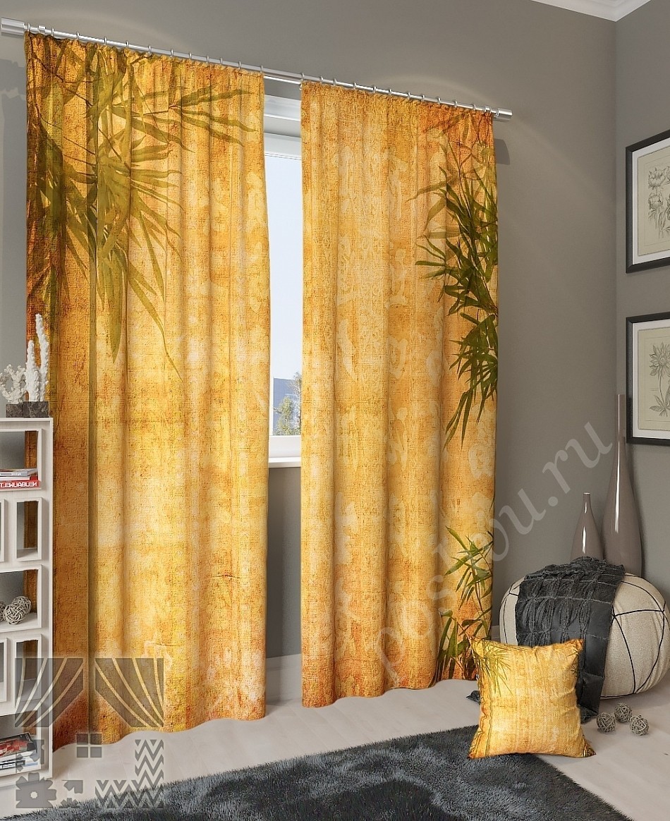 Комплект готовых фото штор с изображением листьев бамбука и иероглифов для гостиной или спальни