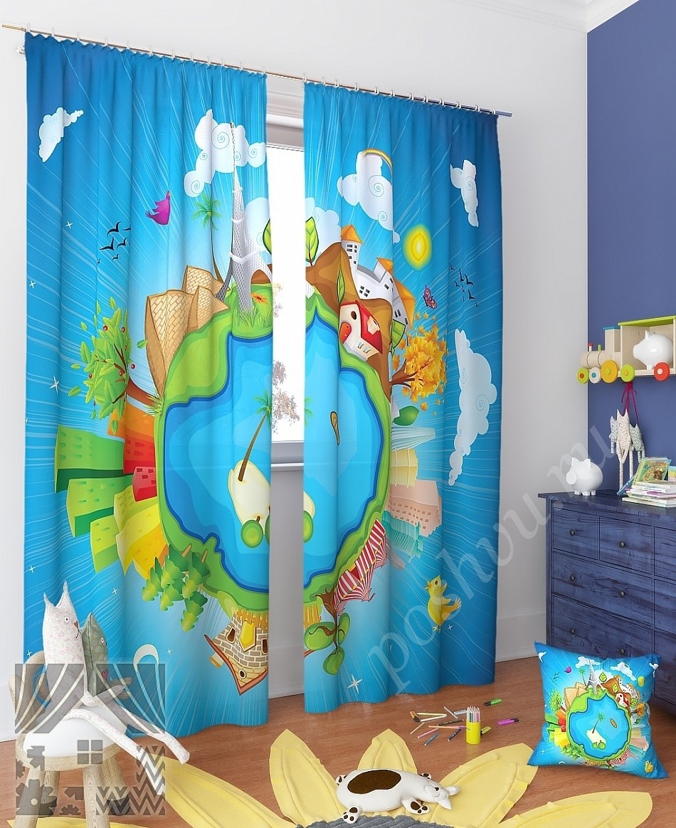 Комплект готовых фото штор с изображением мира глазами ребенка  для детской