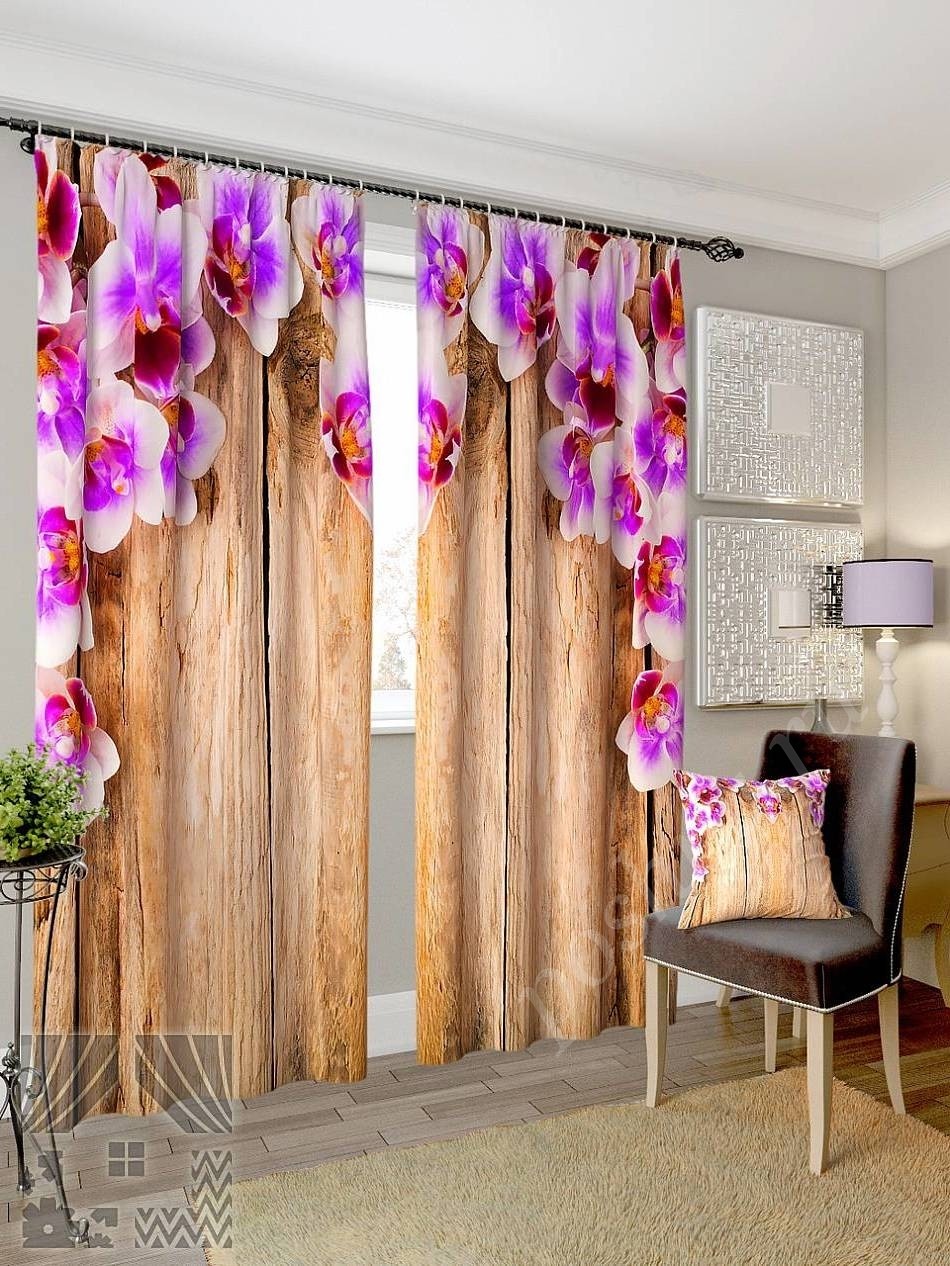 Комплект готовых фото штор с изображением орхидей для гостиной или спальни