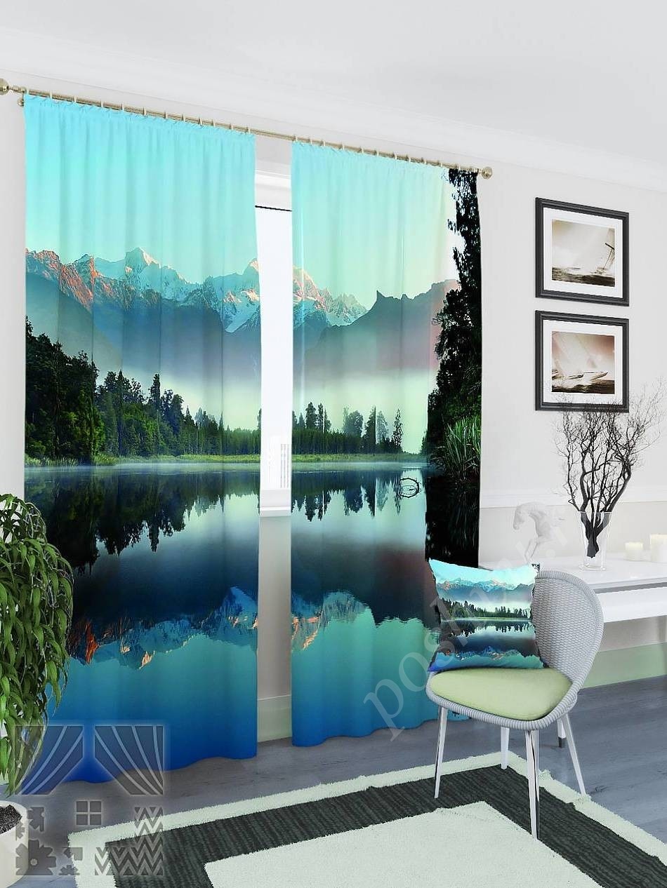 Комплект готовых фото штор с изображением озера в горной долине для гостиной или спальни