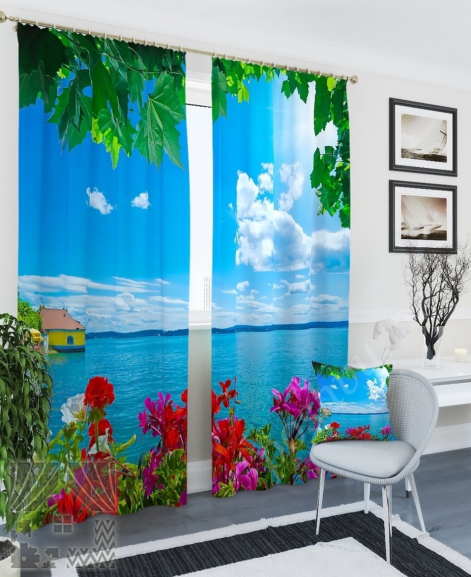 Комплект готовых фото штор с изображением панорамы морского залива для гостиной или спальни