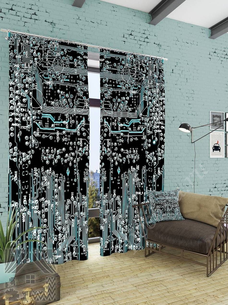Комплект готовых фото штор с изображением печатной платы для гостиной или офиса