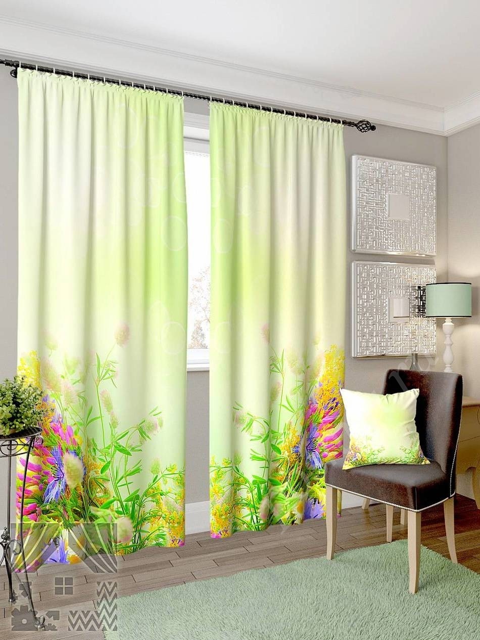 Комплект готовых фото штор с изображением полевых цветов для гостиной или спальни