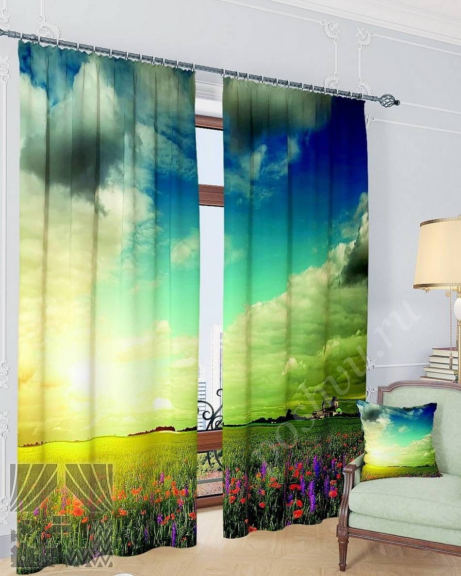 Комплект готовых фото штор с изображением рассвета над полем для гостиной или спальни