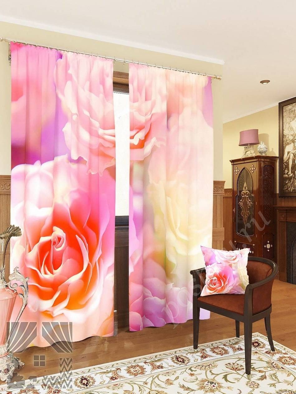 Комплект готовых фото штор с изображением розовых роз для гостиной или спальни