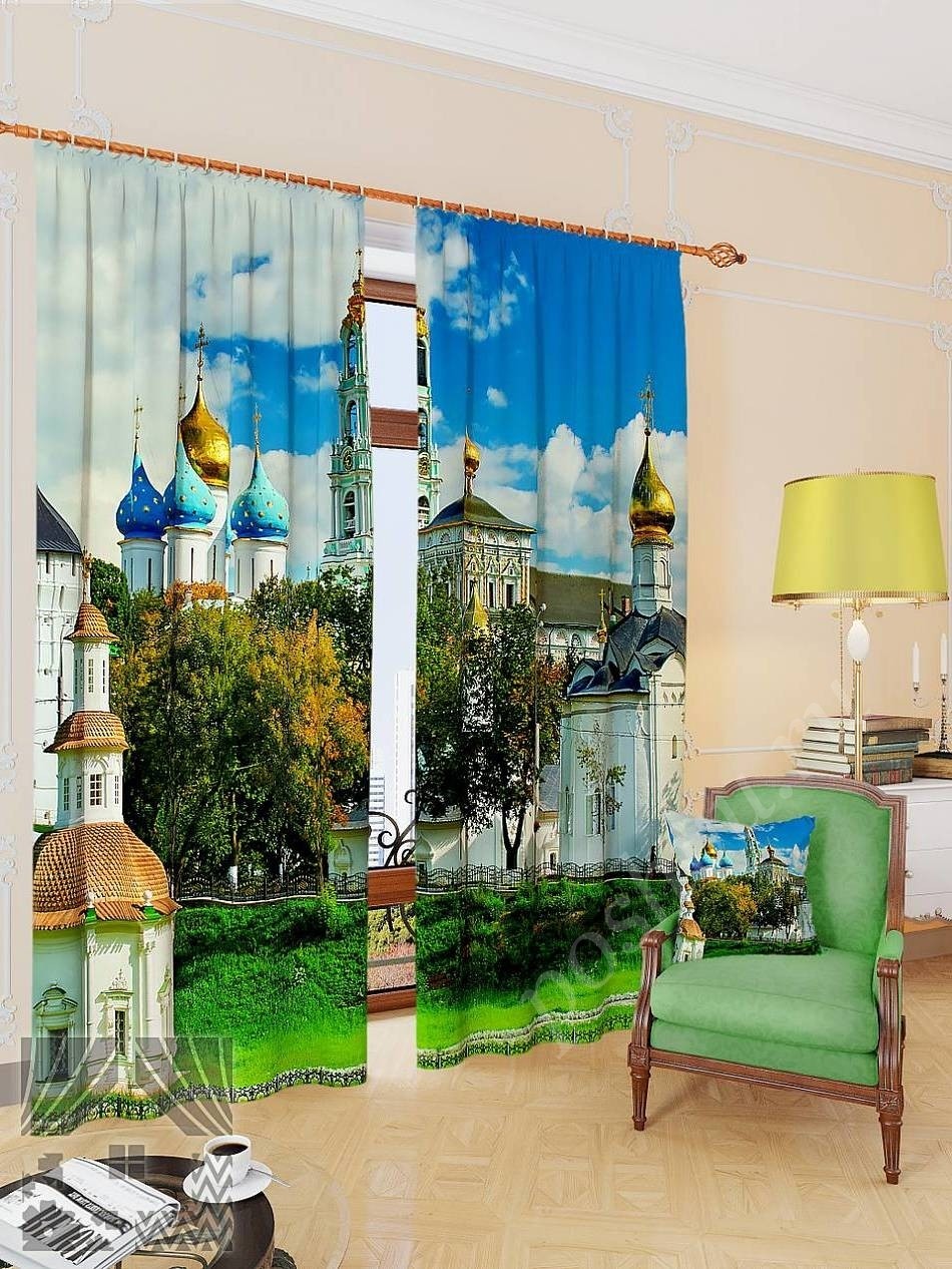 Комплект готовых фото штор с изображением Сергиево-Посадской лавры для гостиной