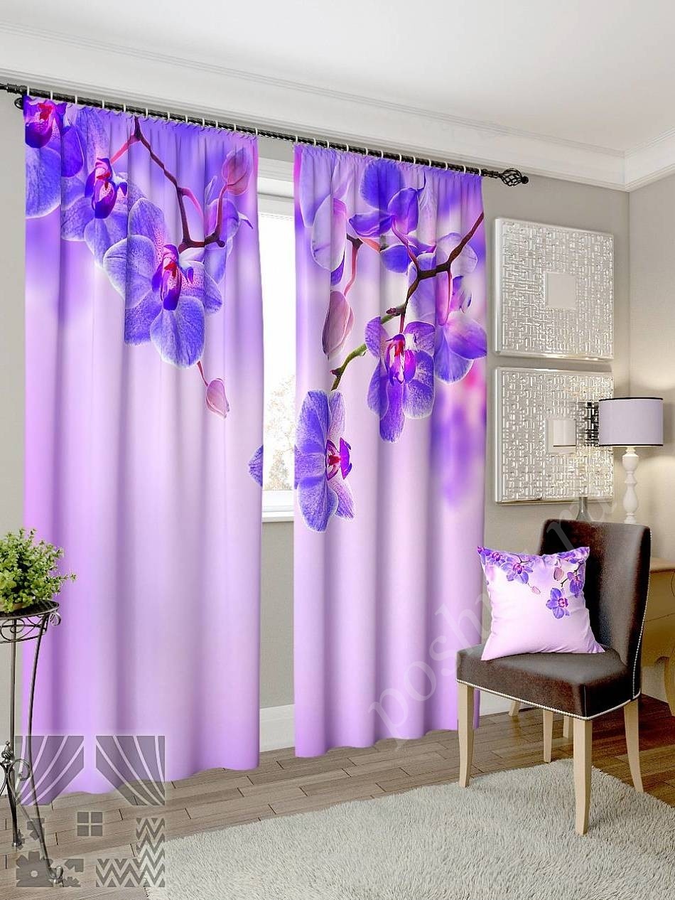Комплект готовых фото штор с изображением синих цветов орхидеи для гостиной или спальни