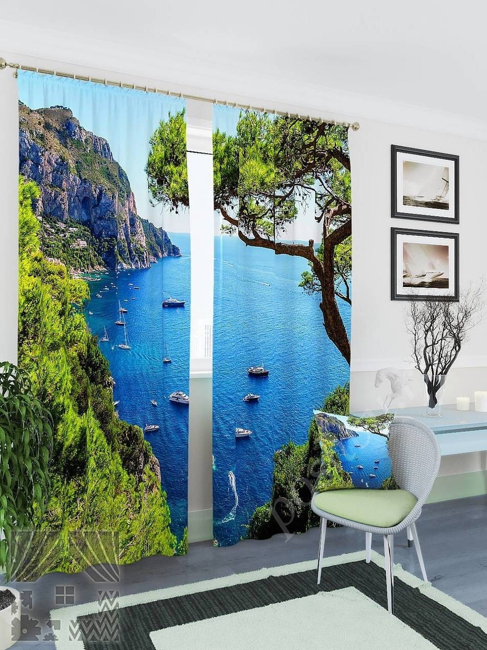 Комплект готовых фото штор с изображением скал над бухтой для гостиной