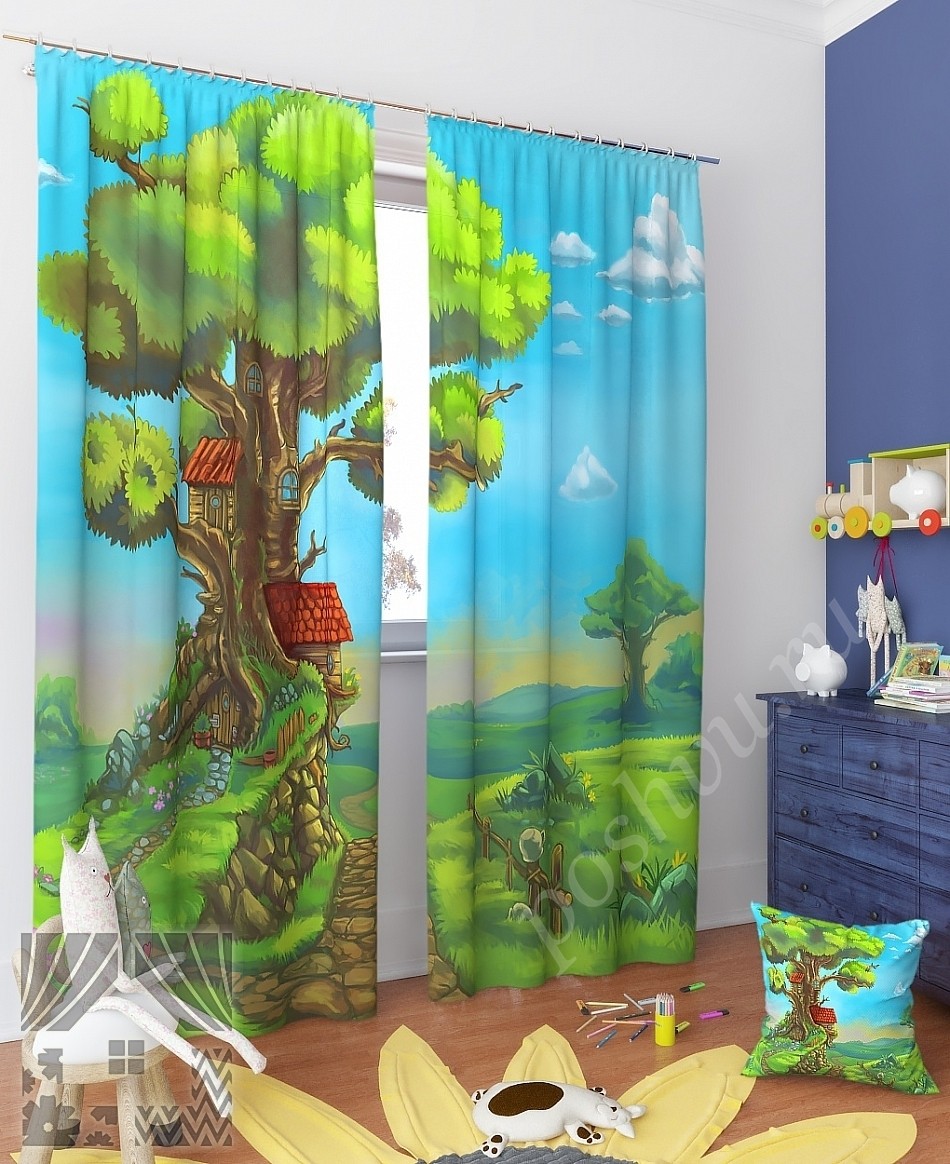 Комплект готовых фото штор с изображением сказочного дерева для детской