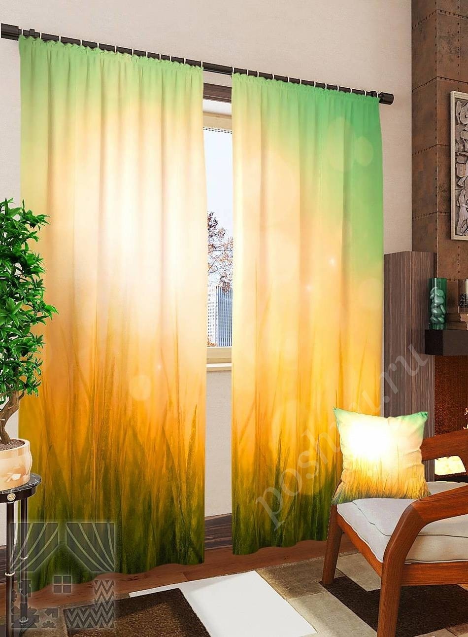 Комплект готовых фото штор с изображением солнца над лугом для гостиной или спальни