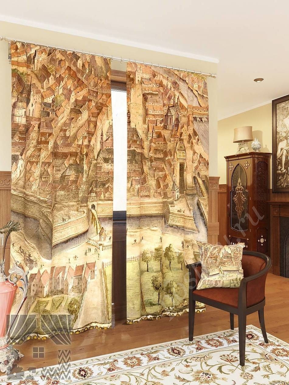 Комплект готовых фото штор с изображением старой фрески для гостиной или кабинета