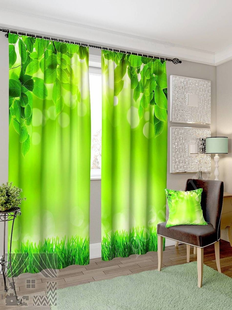 Комплект готовых фото штор с изображением травы и листьев для гостиной или спальни