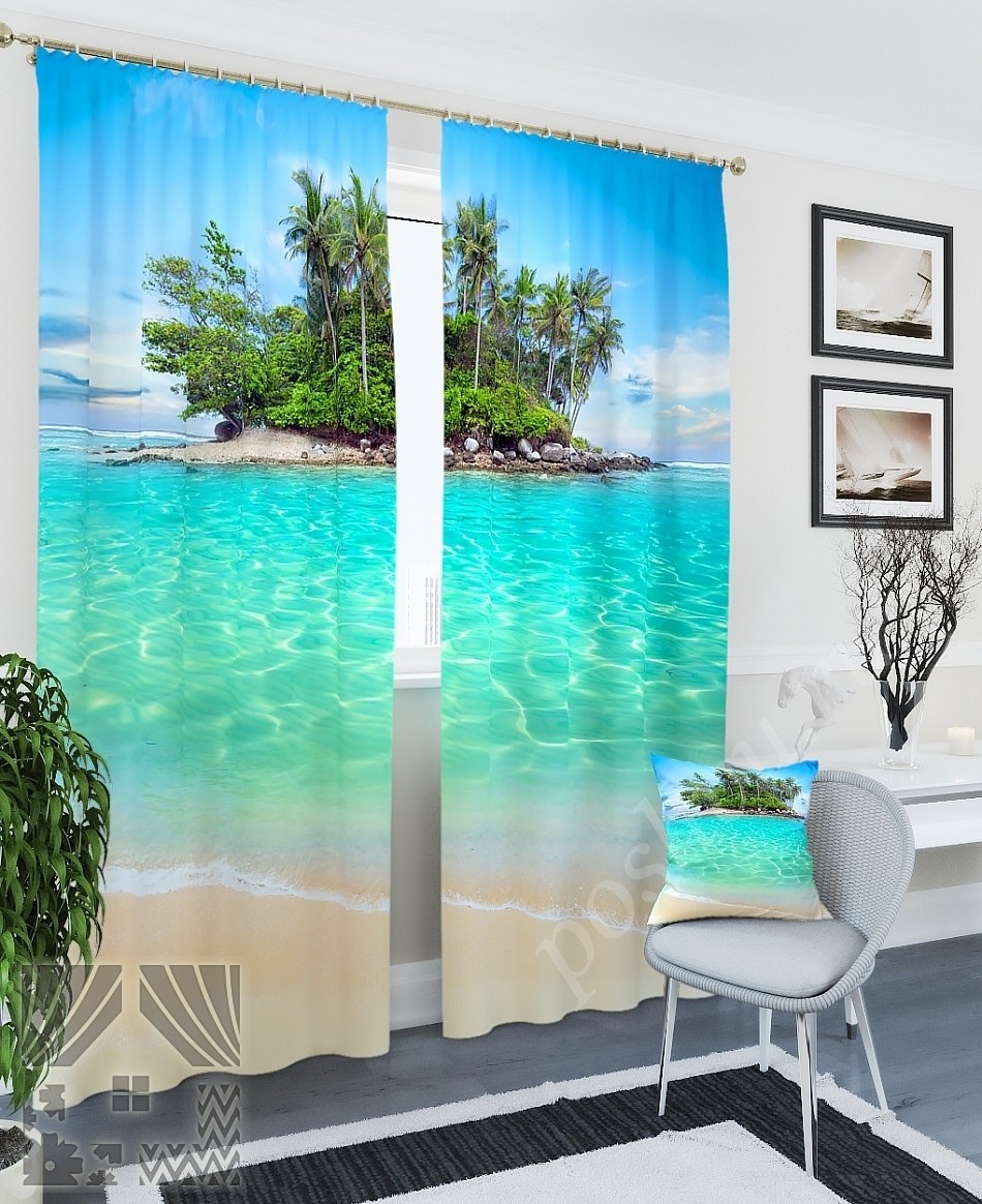 Комплект готовых фото штор с изображением тропического острова для гостиной