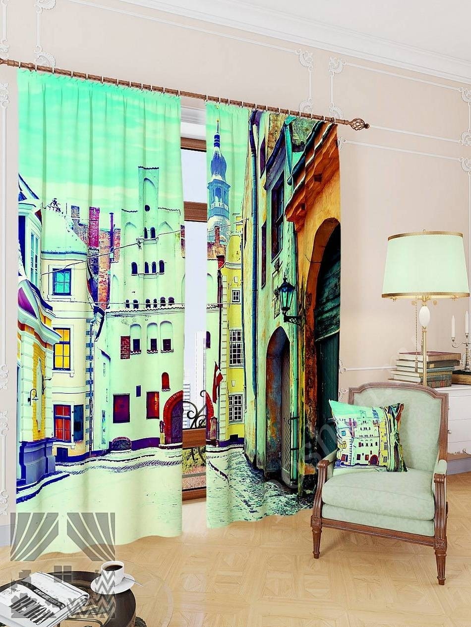Комплект готовых фото штор с изображением улицы старой Риги для гостиной или офиса