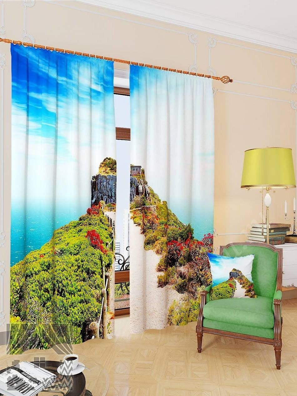 Комплект готовых фото штор с изображением утеса над морем для гостиной или спальни