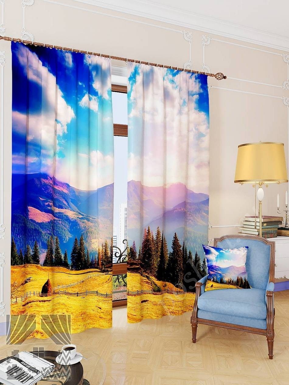 Комплект готовых фото штор с изображением утреннего горного пейзажа для гостиной или спальни