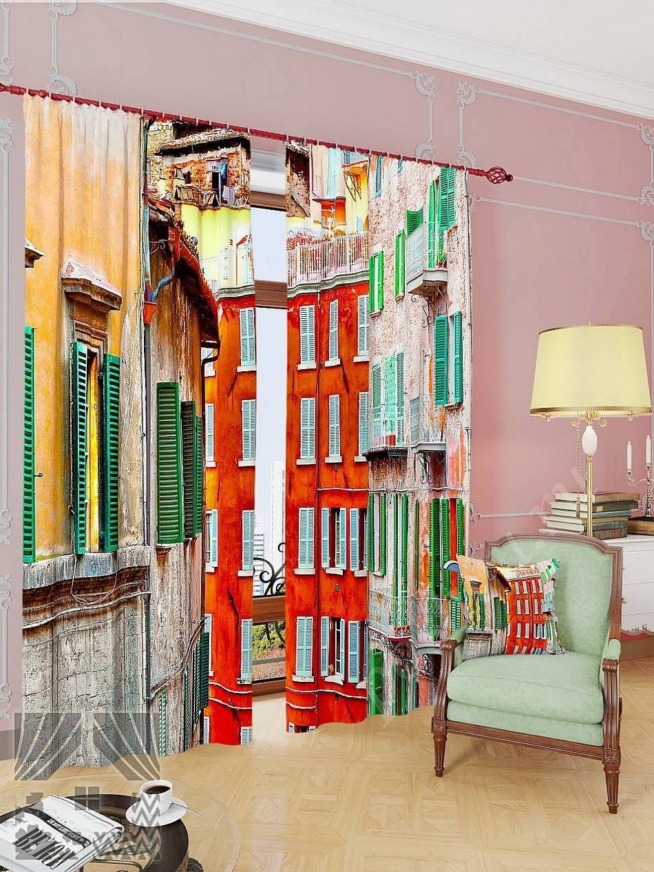 Комплект готовых фото штор с изображением узкой итальянской улочки для гостиной или спальни
