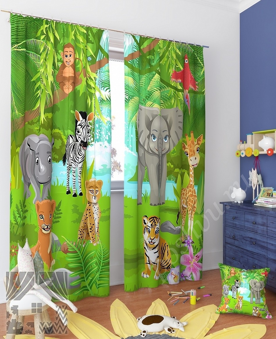 Комплект готовых фото штор с изображением веселых обитателей джунглей для детской