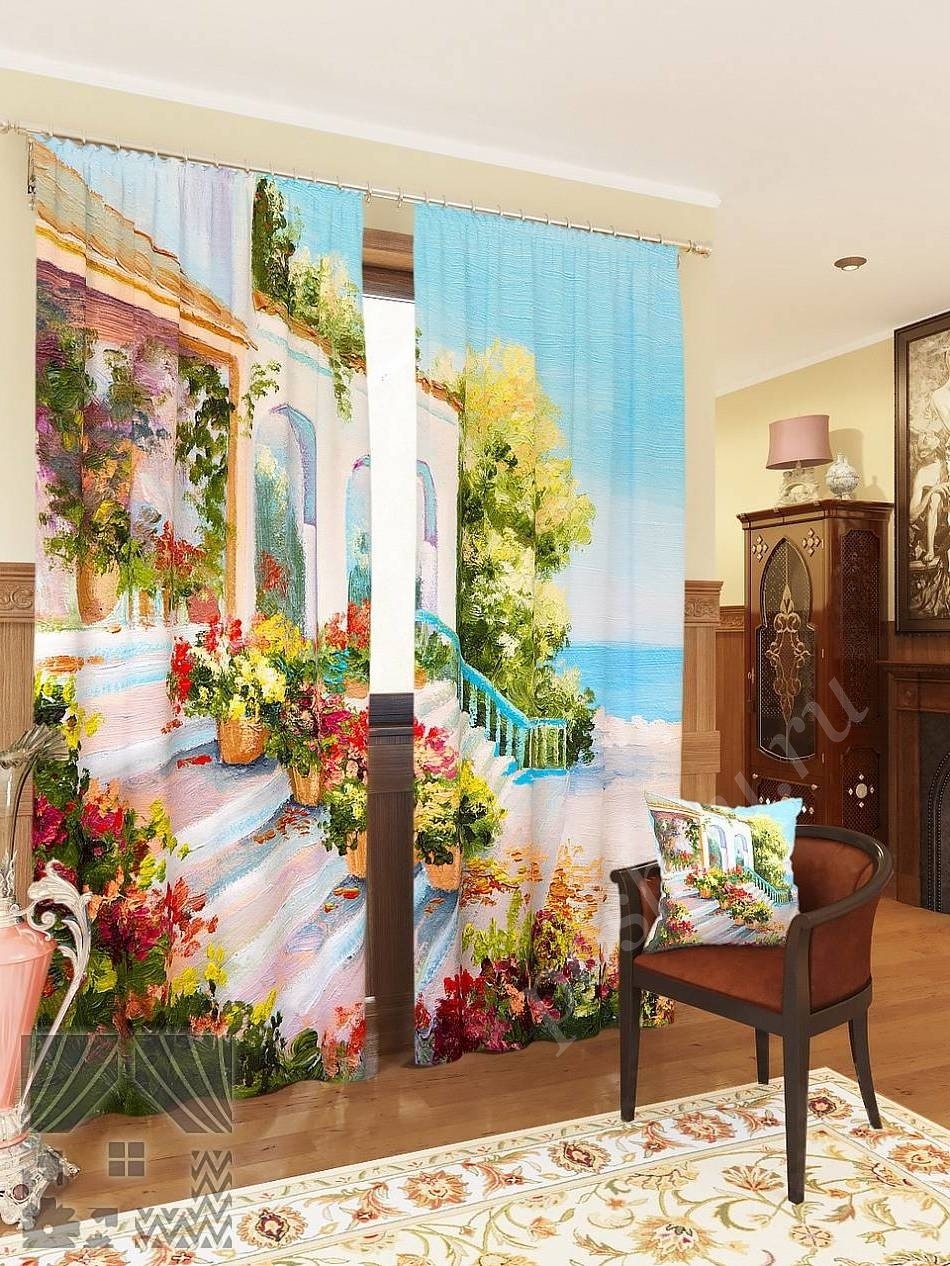 Комплект готовых фото штор с изображением виллы у моря для гостиной или спальни