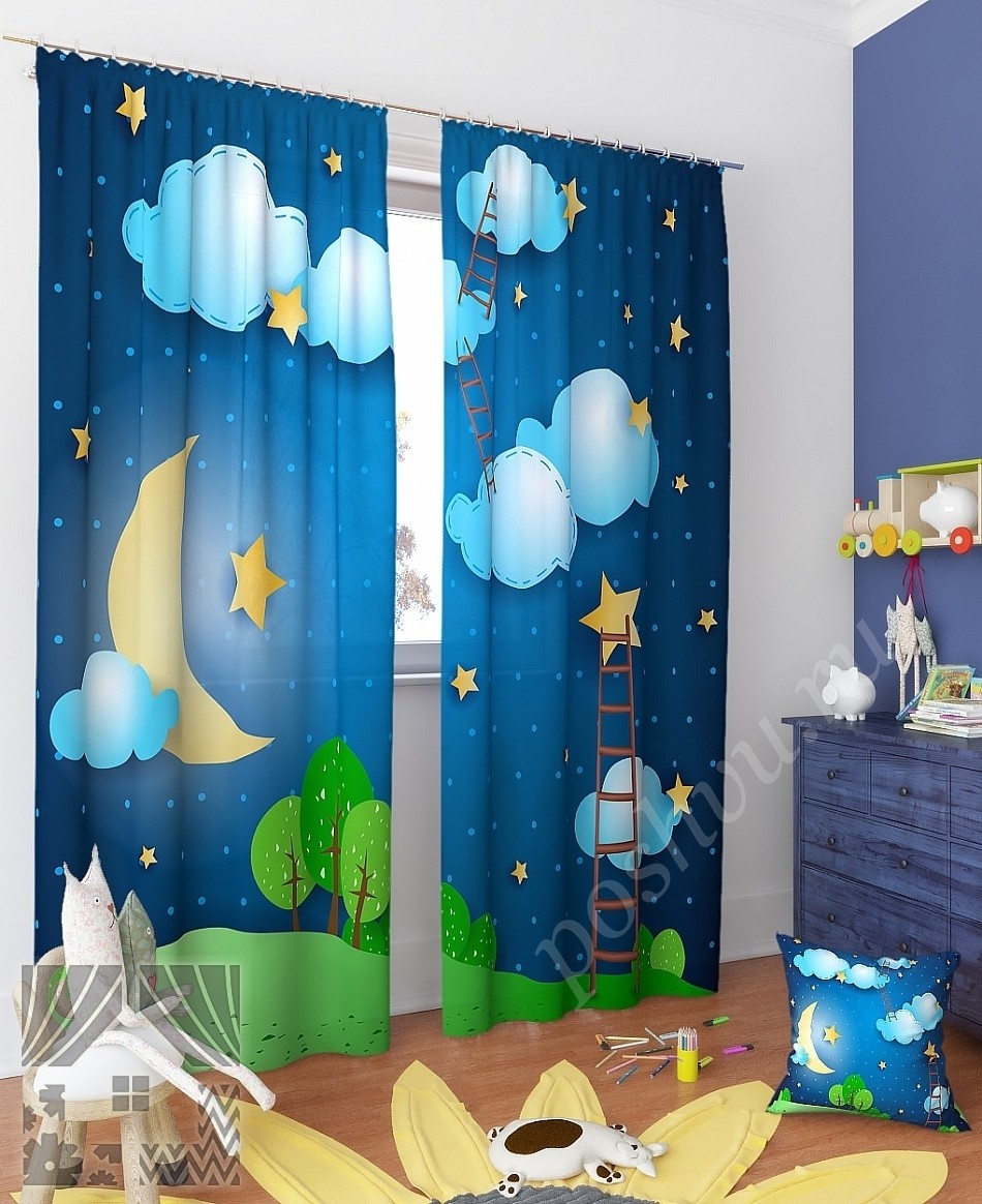 Комплект готовых фото штор с изображением волшебной ночи для детской
