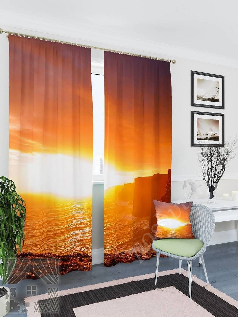 Комплект готовых фото штор с изображением заката над морем для гостиной или спальни