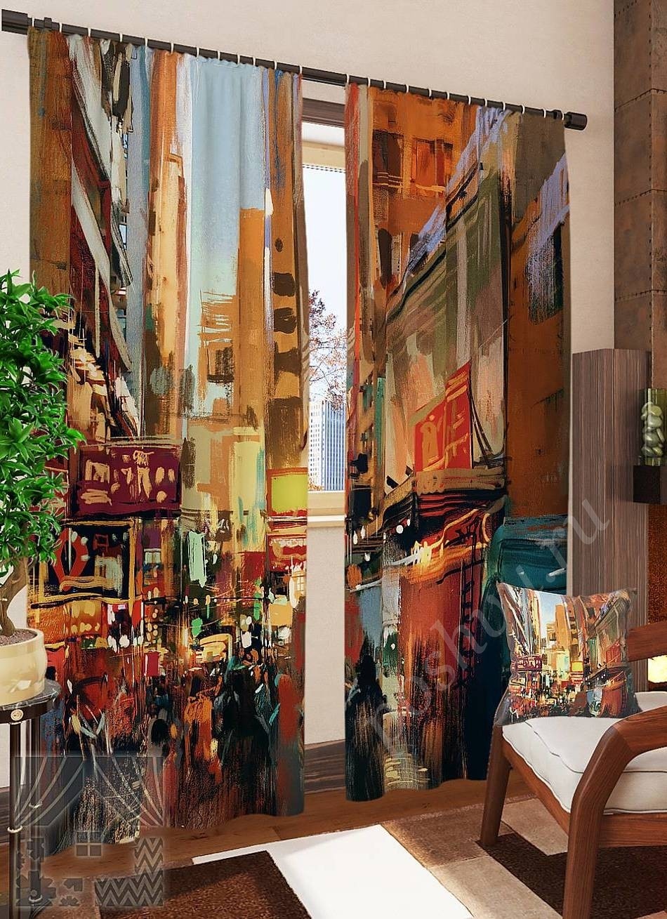 Комплект готовых фото штор с изображением живописной картины улицы города для гостиной или офиса