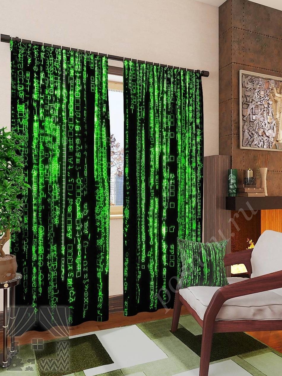 Комплект готовых фото штор с изображением компьютерной матрицы для гостиной или офиса
