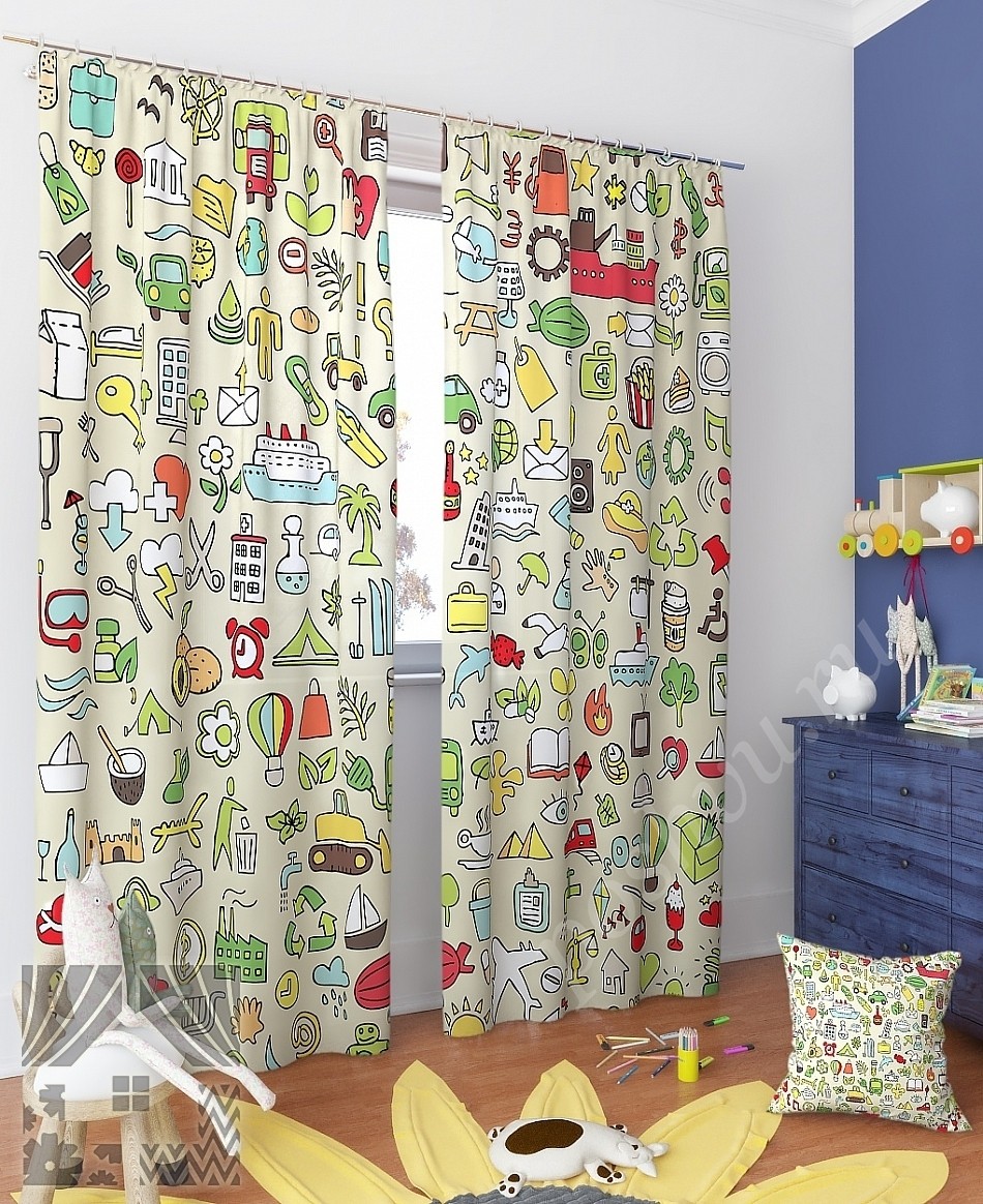 Красочный комплект готовых фото штор с картинками для детской комнаты