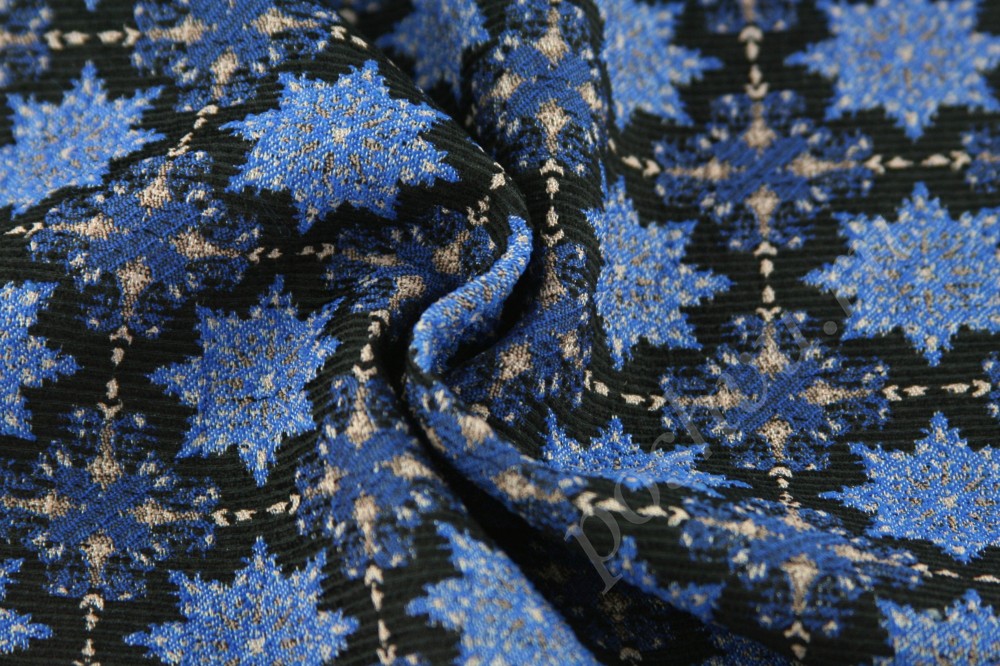 Ткань оригинальный гобелен с "зимним" узором из голубых снежинок со скидкой