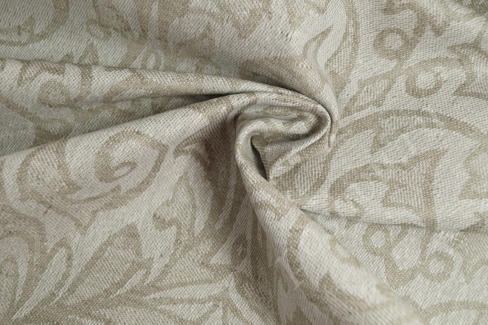 Ткань лен натуральный для скатертей бежевого оттенка с орнаментом