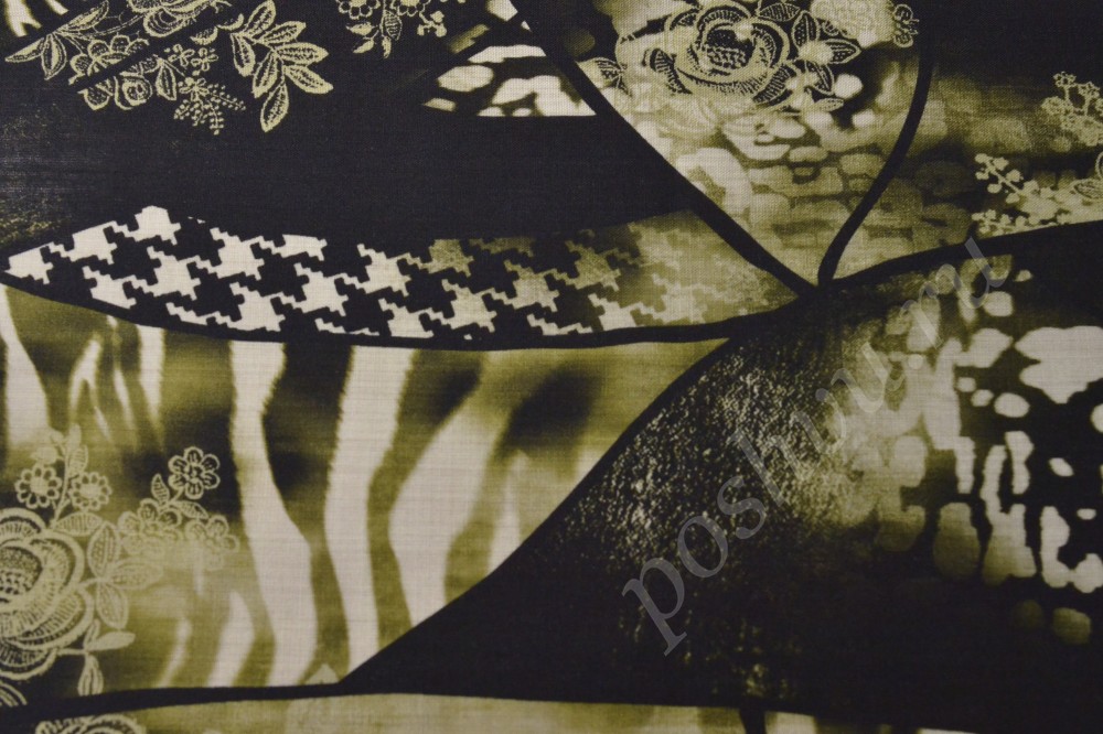 Плательная ткань чёрного цвета с необычным цветочным узором