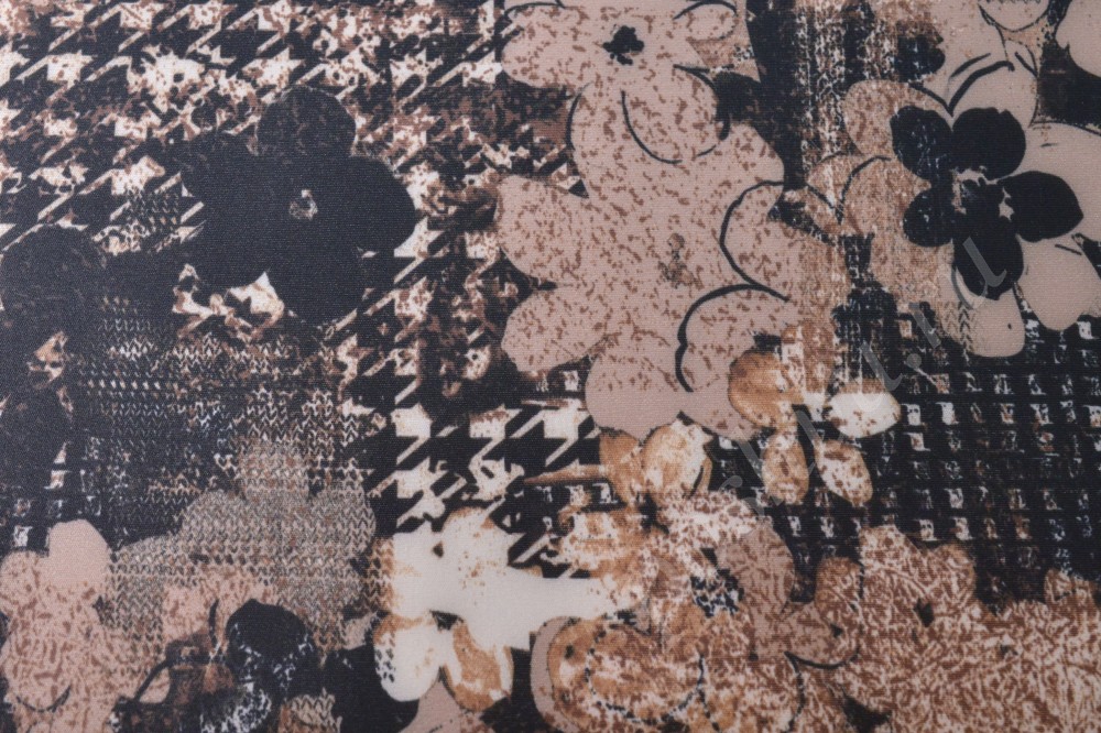 Неопреновая ткань с цветочным принтом на чёрно-белом фоне