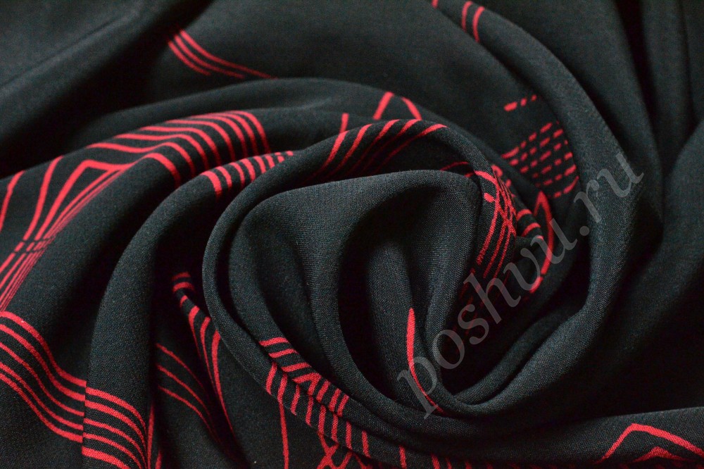 Ткань поливискоза черного оттенка в красные полоски